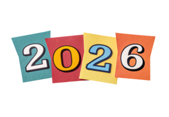 Year 2026 displayed on colorful overlapping paper cards, isolated on a transparent background