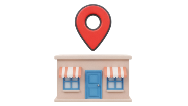 Storefront with location pin PNG isolated on transparent background, 3D rendering of shop building for business and navigation