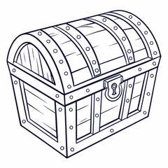 A simple line art illustration of a classic wooden treasure chest with metal bands and rivets featuring a prominent lock mechanism on the front presented in a clean isolated graphic style