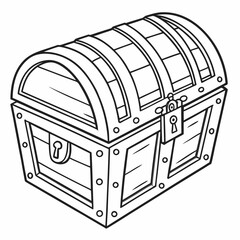 A simple black and white illustration of a locked wooden treasure chest with metal accents and a keyhole on the front perfect for coloring pages or design elements