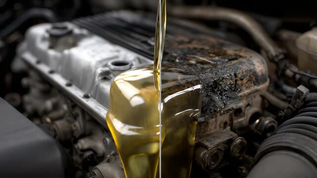 392Car engine split image in high detail, left half shiny and freshly maintained, right half grimy with oil and dirt, textures of hoses, belts, and metal captured in sharp resolution