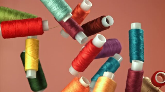 Sewing threads fly on a red background. Filmed on a high-speed camera at 1000 fps. High quality FullHD footage
