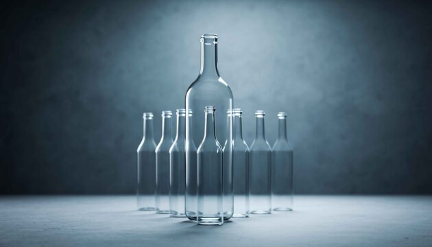 何も入っていない透明な空の瓶が、静寂の中にそっと置かれているワンポイント構図。余白を活かしたミニマルデザインは、空っぽ、可能性、未完成、整理、選択の意味を持ち、ビジネス、広告、哲学、ミニマルアートにも使用できる汎用性の高い素材。
