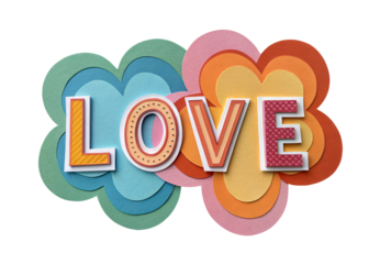 LOVE text with colorful layered heart shapes, isolated on a transparent background