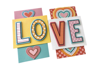 LOVE letters on cards with decorative hearts, isolated on a transparent background