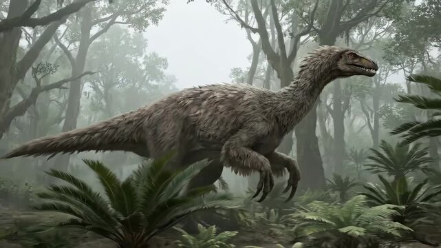 Therizinosaurus, a large feathered herbivorous dinosaur featuring long claws, is walking through a dense, misty prehistoric jungle among ancient cycad and fern plants