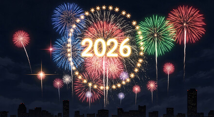 Vibrant fireworks display illuminates the night sky celebrating the arrival of the year 2026