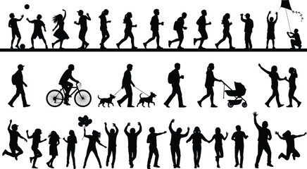 Extensive Silhouettes of Diverse People Running, Cycling, Walking Dogs, Pushing Strollers, Playing, and Celebrating Success, Illustrating Active Recreation, Leisure, and Community Joy