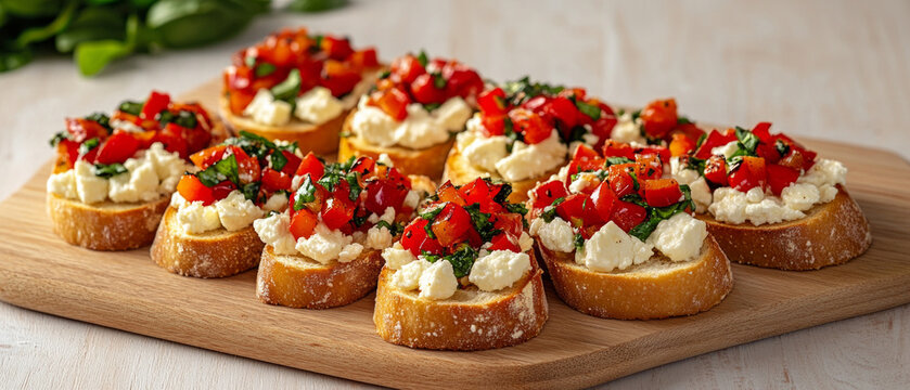 Appetising toast with tomatoes, cheese and herbs will adorn culinary articles, serving as a natural backdrop for Mediterranean cuisine recipes.