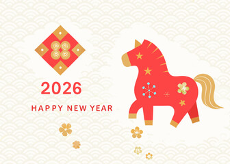 Happy new year 2026 with red horse and traditional chinese patterns