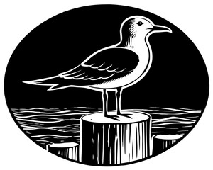 Naklejka premium Seagull perched on a wooden post above the water in a circular design
