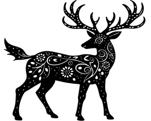 Fototapeta premium Black silhouette of a deer with white floral patterns and swirls