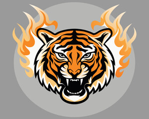 Fierce tiger head with flames illustration