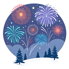 Colorful fireworks burst in night sky over winter forest landscape