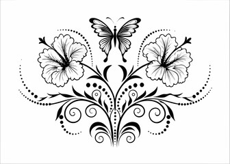 Elegant black and white floral butterfly design with swirls and dots