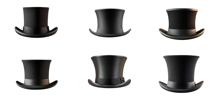 A collection of elegant black top hats displayed in various orientations. their unique shapes and styles against a clean. white background. ideal for fashion or costume design use