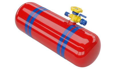 Red gas cylinder with blue stripes and yellow valve isolated PNG, industrial compressed gas container on transparent background for safety and engineering use