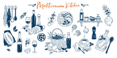 Hand-drawn vector collection inspired by the Mediterranean kitchen. Includes olive oil, wine, cheese, bread, lemons, herbs, and cozy kitchen scenes full of coastal warmth © Irina Khovanskaya