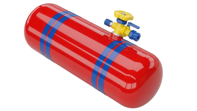 Red gas cylinder with blue stripes and yellow valve isolated PNG, industrial compressed gas container on transparent background for safety and engineering use