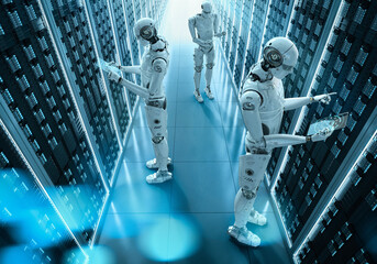 AI robot working in a data center. Robots are working in a tech center. 