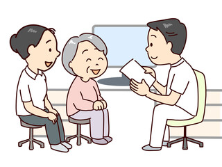 高齢者、受診をする。介護士、家族が付き添う