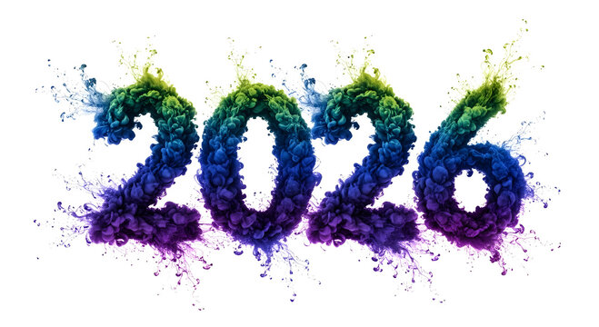 Vibrant colorful abstract explosion of the year 2026 numbers on a white background - Powered by Adobe
