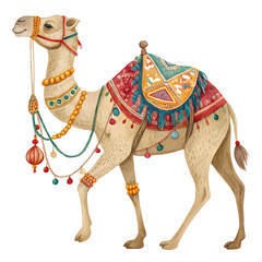 Watercolor camel with ornate saddle and vibrant cultural pattern.