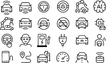 Line icon set top down car and front view autonomous vehicle with steering wheel robotic arm ev charging plug speedometer gauge instrument cluster grid layout
