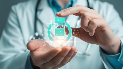 Doctor holding vaccine vial hologram in hands for protection