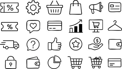 Minimal outline icon set five by five grid of ecommerce symbols with thin rounded strokes showing shopping cart credit card delivery truck wallet pie chart flat