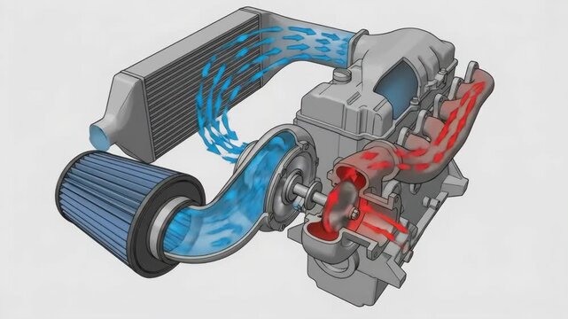 Turbocharger system diagram illustrating the complete air intake and exhaust gas flow paths from the air filter through the intercooler to the engine cylinders and out the exhaust turbine