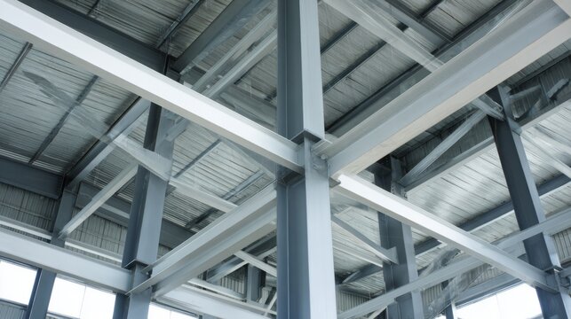 girder. Detailed steel frame construction in an industrial workshop, showcasing structural design and engineering. safety posters.
