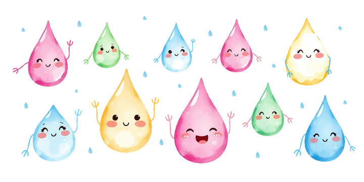 Collection of whimsical watercolor water drops of various shapes and sizes, with fun and cartoony designs, for children's designs, stickers or illustrations for fairy tale books, vector