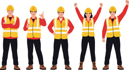 Confident construction workers in safety gear posing with teamwork gestures, hard hats, reflective vests, and assertive body language on white background.