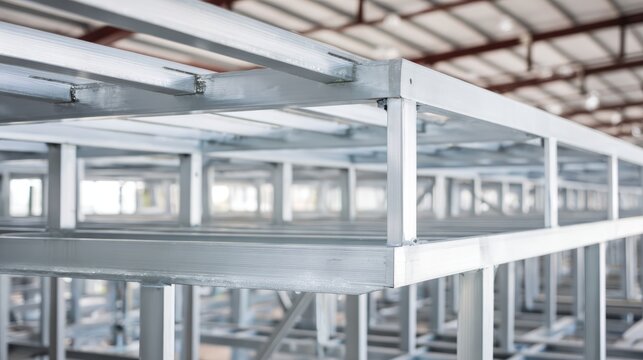 girder. Detailed steel frame construction in an industrial workshop, showcasing structural design and engineering. safety posters.
