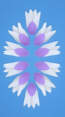 Digital floral illustration featuring white and purple flowers arranged in an oval frame on a blue background