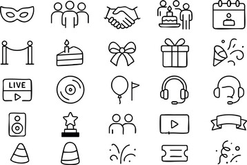 Monoline icon set close up grid showing twenty five party and event symbols with thin black outlines centered composition flat lighting tight grid minimal celebration icons