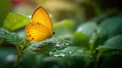 A close-up of a vivid yellow butterfly resting on a lush green leaf, with soft sunlight illuminating its wings.