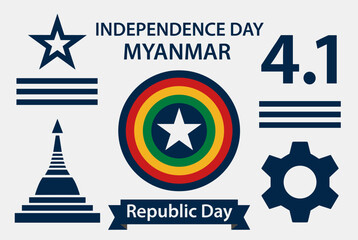Vector illustration for Myanmar Independence Day featuring star, flag stripes, gear, pagoda, and colorful circular emblem design.