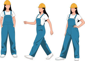 Construction worker character set in safety helmet, walking, standing, posing in uniform for labor, training, animation, and education design.