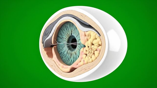 Detailed anatomical crosssection of a human eye showcasing the iris lens cornea and retina against a vibrant green backdrop perfect for medical education and scientific visualization