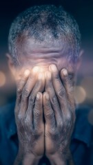 Portrait of an elderly African American man covering his face in severe despair and sorrow