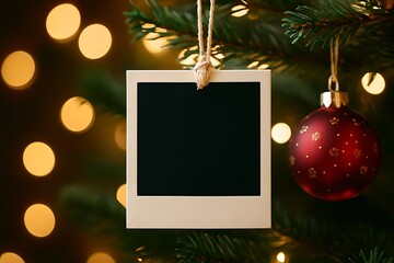 Blank Polaroid photo frame hanging on tree with golden bokeh lights and red ornament.