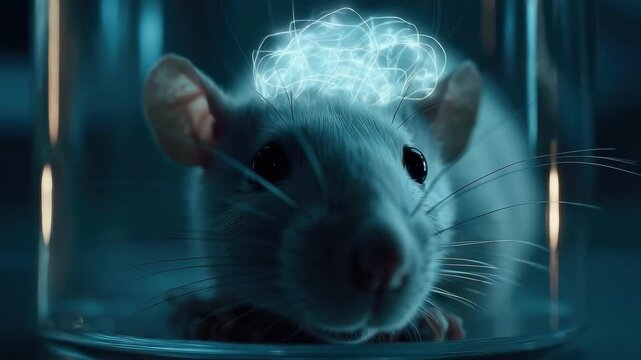 A rat inside a glass jar with a glowing brain-like neural pattern above its head.