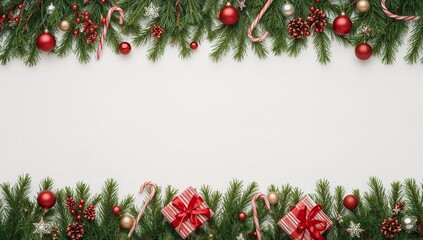 Christmas garland border with ornaments and pine cones on white background