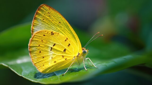 A close-up of a vivid yellow butterfly resting on a lush green leaf, with soft sunlight illuminating its wings.