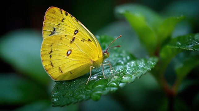 A close-up of a vivid yellow butterfly resting on a lush green leaf, with soft sunlight illuminating its wings.