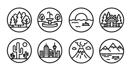 Collection of Line Art Landscape Icons in Circular Frames.