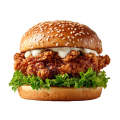 Crispy fried chicken burger with lettuce, mayonnaise, and sesame bun, tasty fast food.