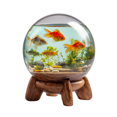 Spherical glass fishbowl with a variety of colorful goldfish and aquatic plants